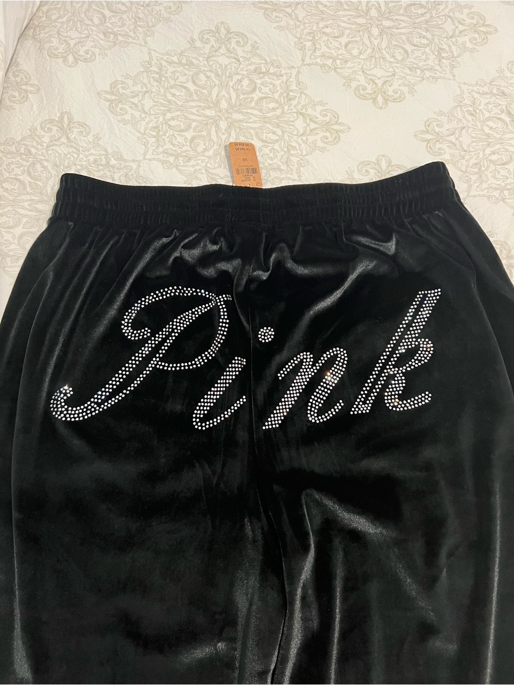 PINK Rhinestone Logo Black Velour Pants